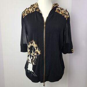 Joseph Ribkoff leopard print short sheer sleeved hooded zip up blouse (PTP 21")